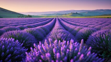Obraz premium Sunset over lavender fields with mountains in the background. The vibrant purple hue of the flowers and the perspective rows of crops are striking.