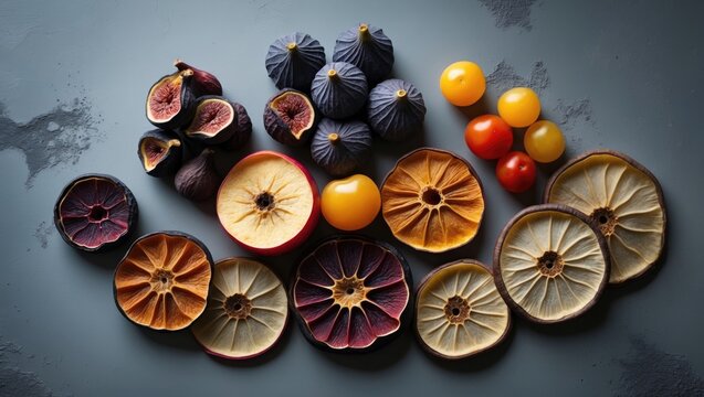 Flat lay perspective of assorted dried fruits and vegetables.