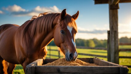 Fototapeta premium Afternoon feed time for a horse on the farm