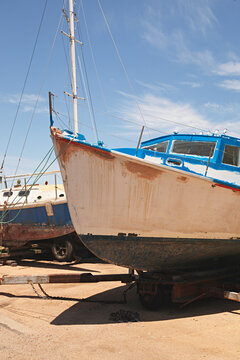 Boat on dry land awaiting repairs in New South Wales