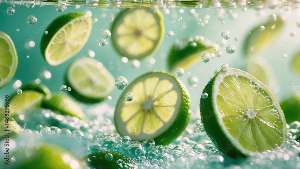 Poster lime wedges falling into clear water with bubbles.