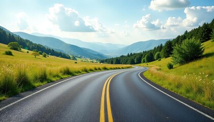 Naklejka premium Smooth asphalt road curves gently through scenic countryside , lane, winding