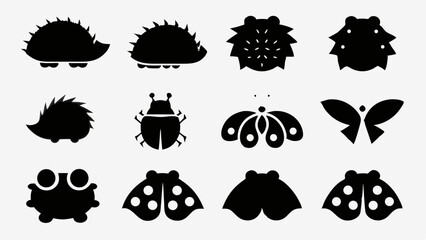 Illustration of various insects and animals including hedgehogs, beetles, butterflies and ladybugs icons editable vector eps/eps