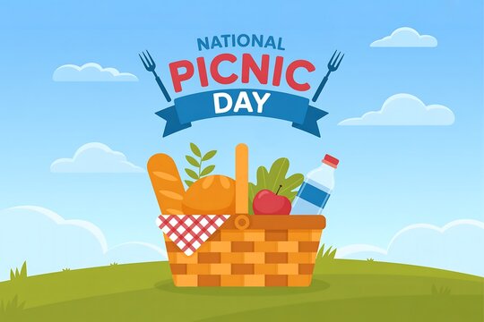 Illustration of a picnic basket on a green hill under a blue sky for national picnic day