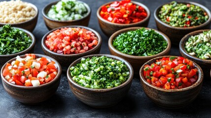 Fototapeta premium Assorted colorful chopped vegetables and herbs in small bowls