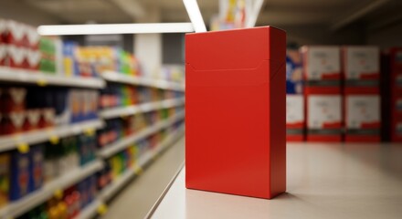 Unbranded Red Cigarette Box in Supermarket Aisle