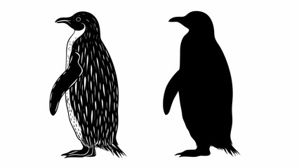 Two penguins standing side by side one detailed and one as a silhouette on a white background image editable vector eps/eps