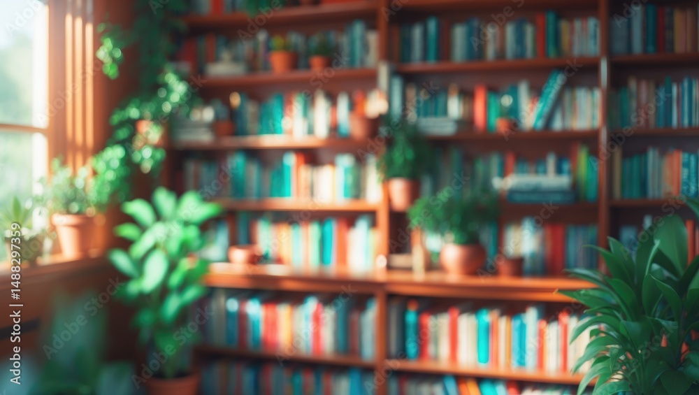 Poster softly lit bookshelf with a variety of books, adorned with potted plants, creating a tranquil and we