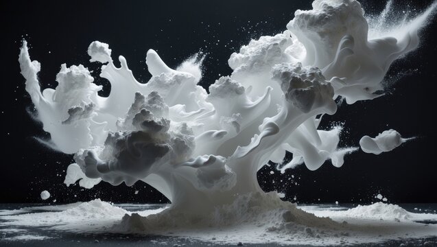 Dust powder splashes forming clouds isolated on a dark surface