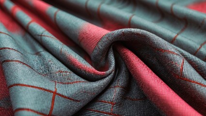 A detailed view of a textile featuring a delicate grid pattern in gray and red hues. The complex weave and gentle luster provide the fabric with an elegant look.