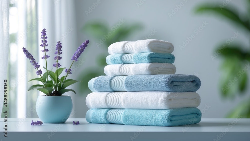 Aufkleber stacked towels and a houseplant on a table in a mockup with space for content