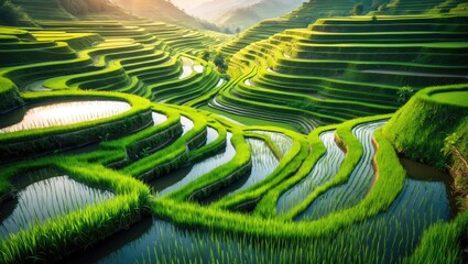 Fototapeta premium Overhead Perspective of Rice Terrace Fields