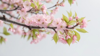 Obraz premium Wild cherry blossom pink flowers on a branch with new leaves against a white background
