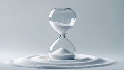 White sand timer against a white backdrop. Time management concept for business deadlines, urgency, and results.