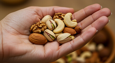 Hand Holding Assorted Nuts. A close-up of a human hand holding a variety of nuts, including walnuts, cashews, almonds, and pistachios. The palm is facing upward, with the nuts resting naturally across