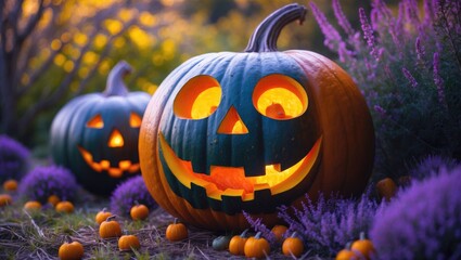 A frightening jack-o'-lantern with luminous yellow eyes and an evil grin, suited for a spooky Halloween showcase.