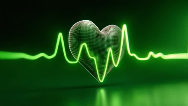 Heartbeat of Life: A 3D rendering, a luminous green heartbeat line dances across the screen, the focus centered on a beautifully rendered, metallic heart.