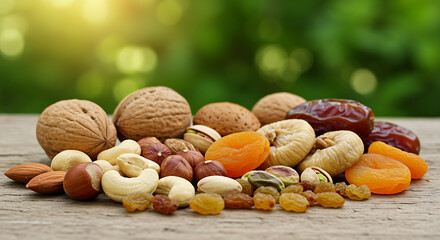 Assorted Nuts and Dried Fruits on Wooden Table – Walnuts, Hazelnuts, Cashews, Almonds, Pistachios, Dates, Dried Apricots, Figs, Raisins, Healthy Snack, Vegan Food, Natural Light, High-Resolution