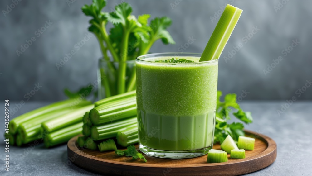Poster celery juice served in a glass with diced celery