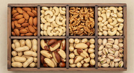 Wooden Box Filled with Assorted Nuts – Almonds, Cashews, Walnuts, Brazil Nuts, Hazelnuts, Peanuts, Pistachios, Healthy Snack, Vegan Protein, High-Resolution Food Photography
