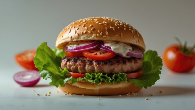 Wheat bun pork burger with cheese, vegetables, and sesame seeds. Meat burger with fresh salad, tomatoes, onions, and sauce on an isolated background. Food menu display.