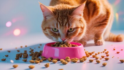 Single cat. Copper cat, dining on cat food. Empty white background, text space. Cat mockup, theme.