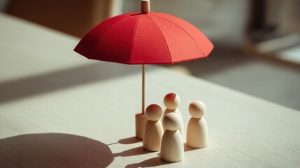 Wooden figures stand under a red umbrella on a light surface.