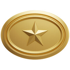 Golden oval medal with a star isolated on a transparent background