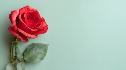 Fototapeta premium Elegant Red Rose with Green Leaves on Soft Pastel Background