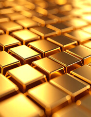 A close-up view of shiny golden blocks arranged in a grid pattern, reflecting light and creating an intriguing visual texture