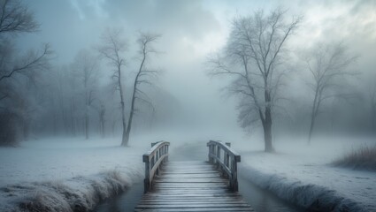 Frosty rural scenery showing leafless trees and a wooden bridge amidst fog and clouds in winter