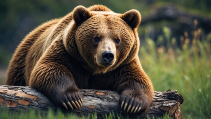 Obraz premium Kamchatka brown bear at ease on a tree trunk