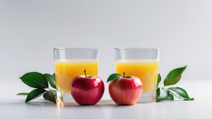 Fototapeta premium Two glasses filled with apple juice next to red apples on a white surface