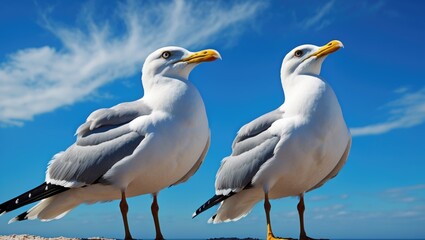 Fototapeta premium Two seagulls resting against the backdrop of the sky. Natural sea birds.