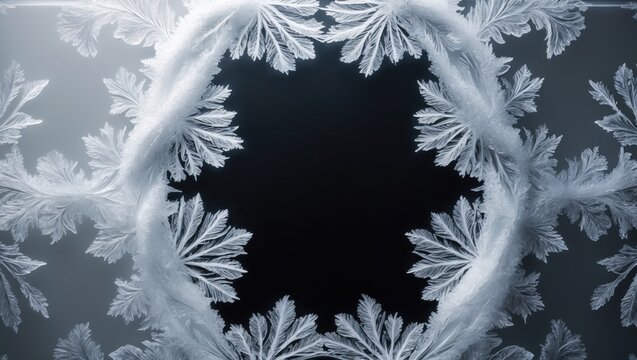 Background with a window framed by ornamental ice crystals