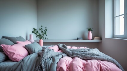 Warm blankets and gray pillows atop a snug double bed beside an unadorned bedroom wall