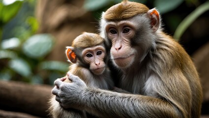Sight of an adult macaque holding a cute baby monkey.
