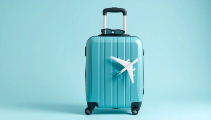Minimalist travel concept with a teal suitcase, toy airplane, and sunglasses placed on a light blue background