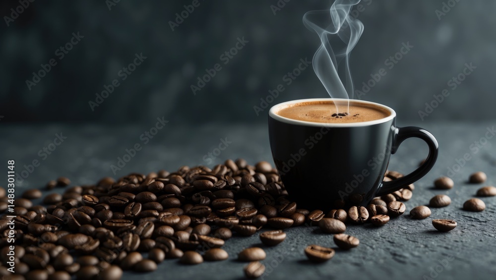Poster horizontal banner displaying a coffee cup and beans on a dark stone background