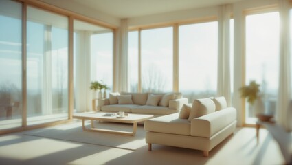 Hazy interior scene, Modern urban apartment living room design photography highlighting an elegant vibe with natural illumination and minimalist design