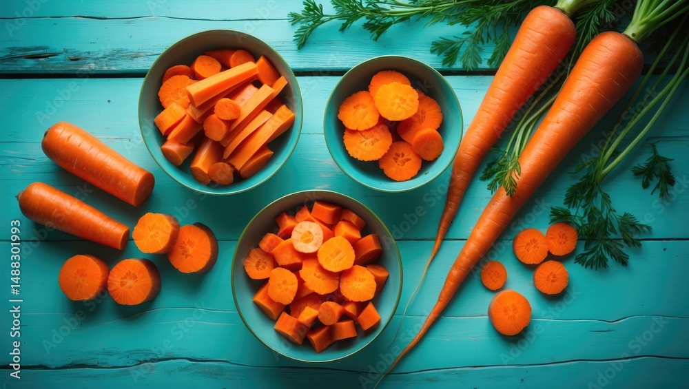 Aufkleber varieties of carrot cuts in bowls against a backdrop