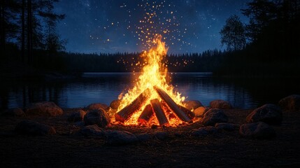 Night campfire on a lake shore, ablaze with sparks
