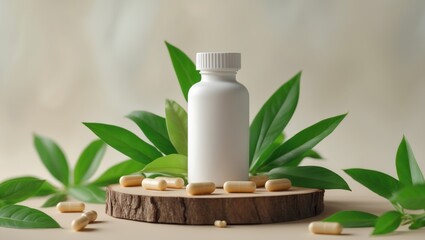 White bottle mockup for medical use on a wooden platform with herbal supplements or vitamins, greenery, and natural medications. Organic herbal product