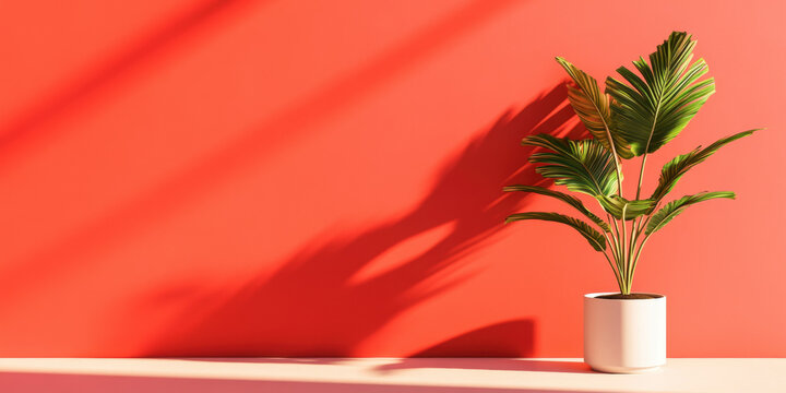 Vibrant green plant in white pot casting shadows against bright red background in sunlit room