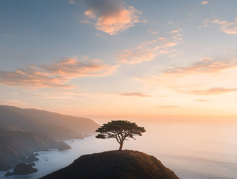 Lone tree with sunset coast view.