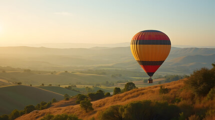 Obraz premium A hot air balloon floating over a scenic countryside with rolling hills