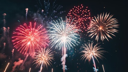 Fototapeta premium Bright fireworks burst in the night sky, creating a beautiful and colorful celebration scene for holidays, anniversaries, and festivals.