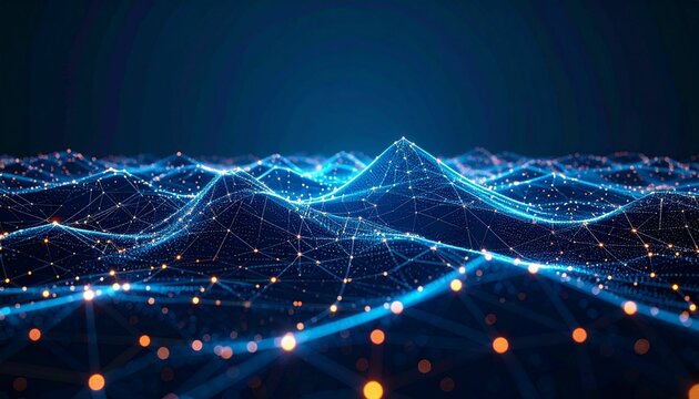 Abstract glowing dots and lines creating a digital landscape on a dark backdrop, embodying the concept of data flow. 