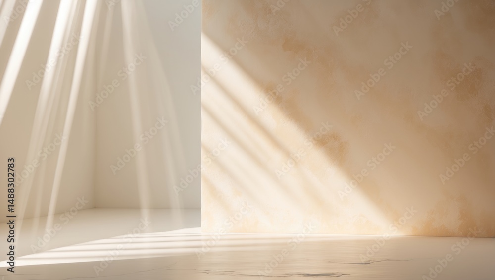 Poster Effect of overlay on photos and mockups. Diagonal organic shadow drop and rays of light on a white wall.