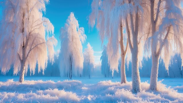 Icy white birch trees. Breathtaking winter landscape featuring frosted trees shining against the vibrant blue sky.